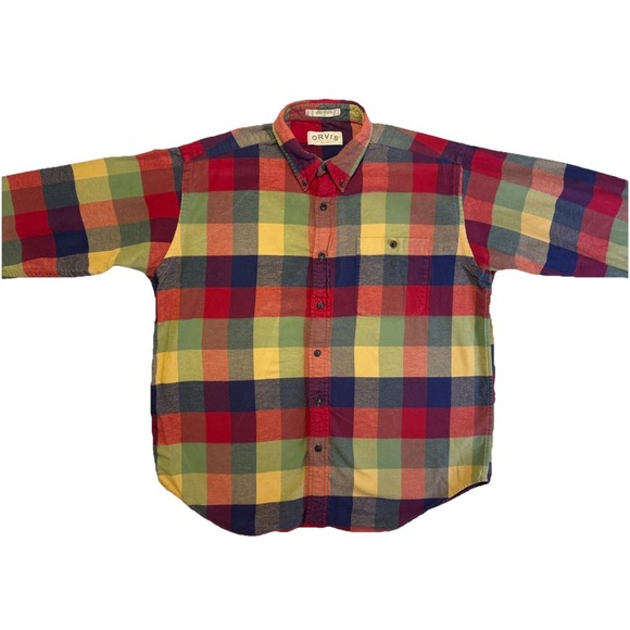 Orvis Other - Orvis Men's Cotton Long Sleeve Plaid Button-Up Flannel Size XL RED ORANGE BLUE